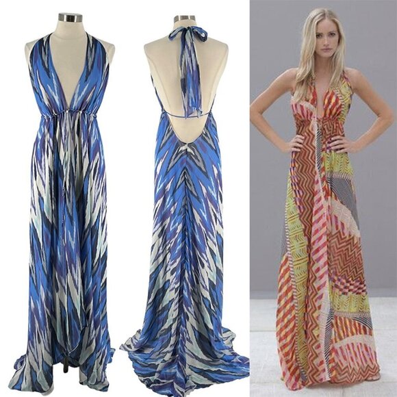 Alexis Dresses & Skirts - NWT Alexis Tula Yoda Silk Blue Abstract Print Halter Maxi Dress with Train Small